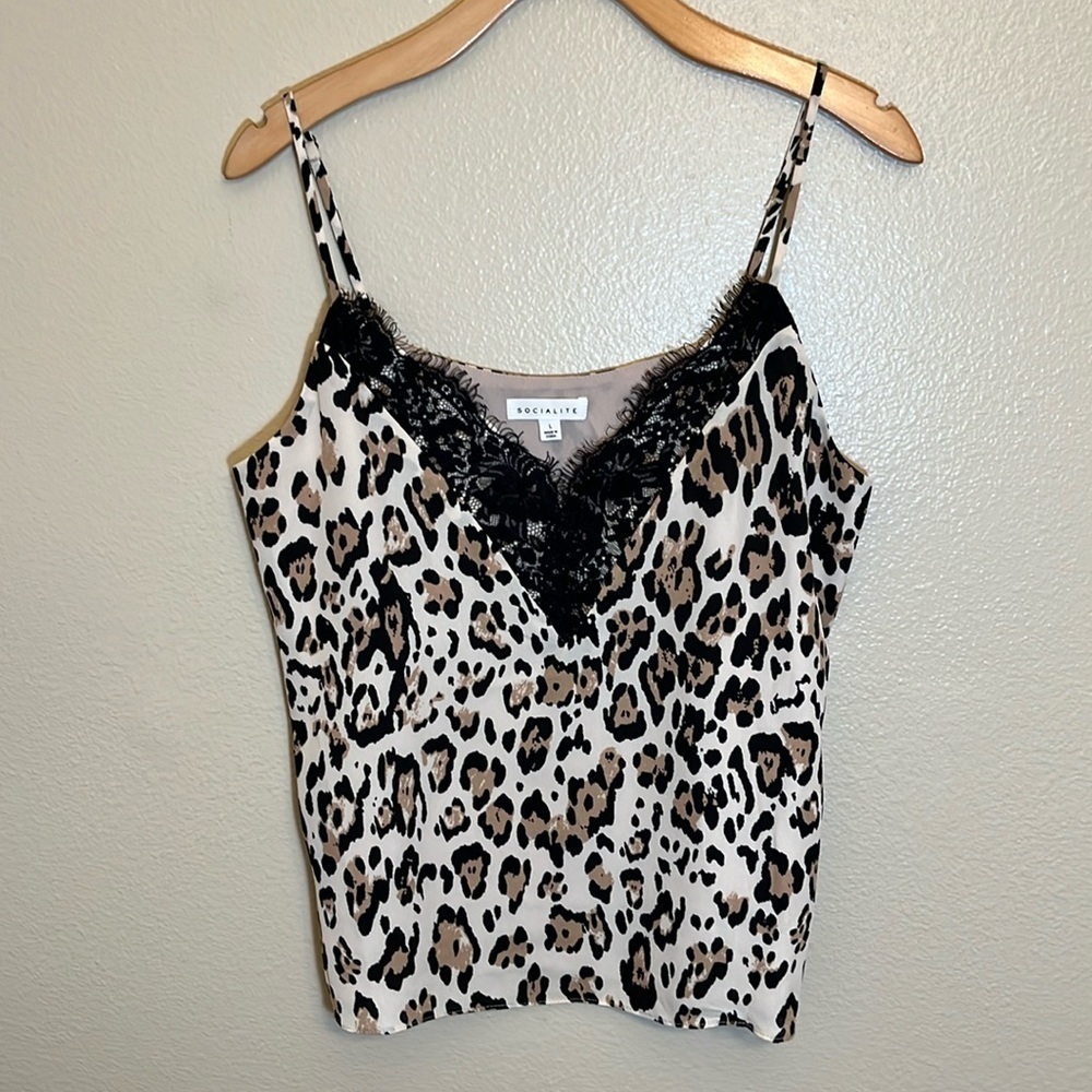 Socialite Animal Print Lace Trim Tank Top